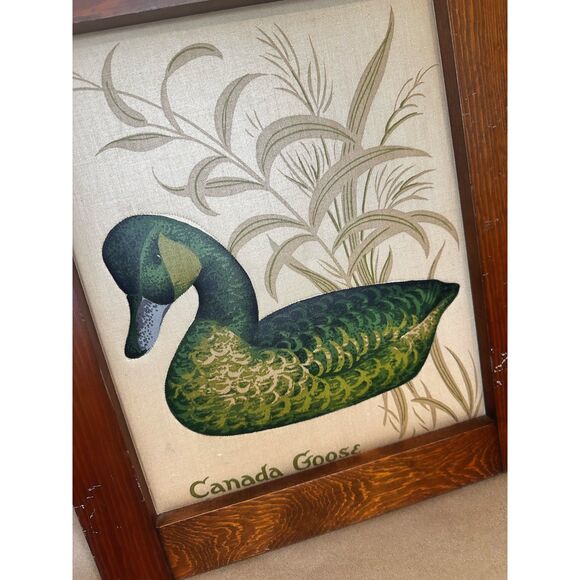 Vtg Fabric Panel of a Canada Goose in Handmade Wood Frame15x13" Ducks Waterfowl - Picture 1 of 6